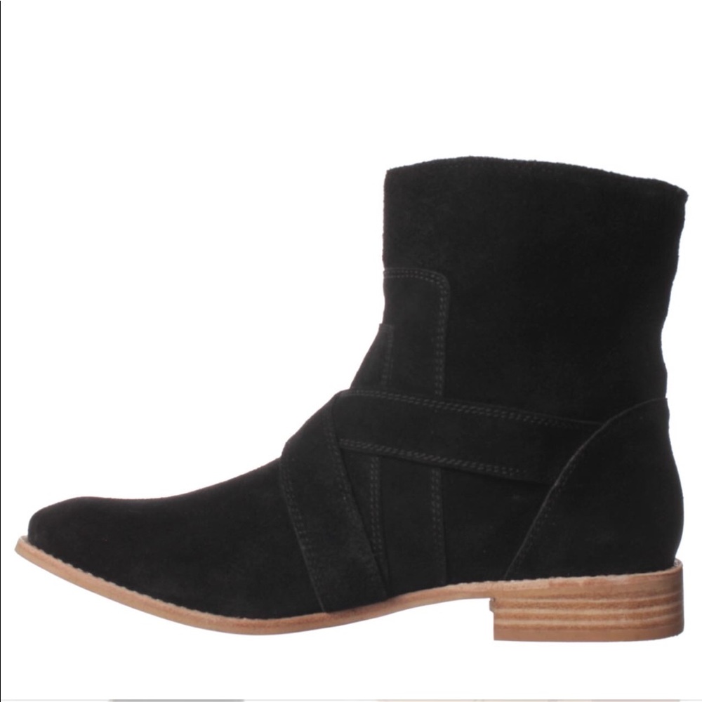Black Suede Mid Calf Ankle Buckle Flat Boots - Picture 2 of 5